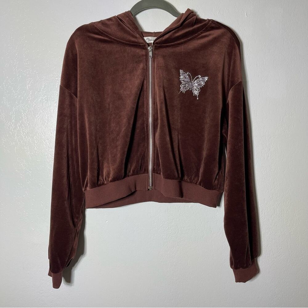 Vine and Valley, Y2k Cropped Zip Up Hooded Jacket. Size Large. Crystal Butterfly